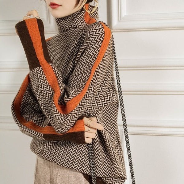 Malou™ | Randig Stickad Tröja med Hög Krage