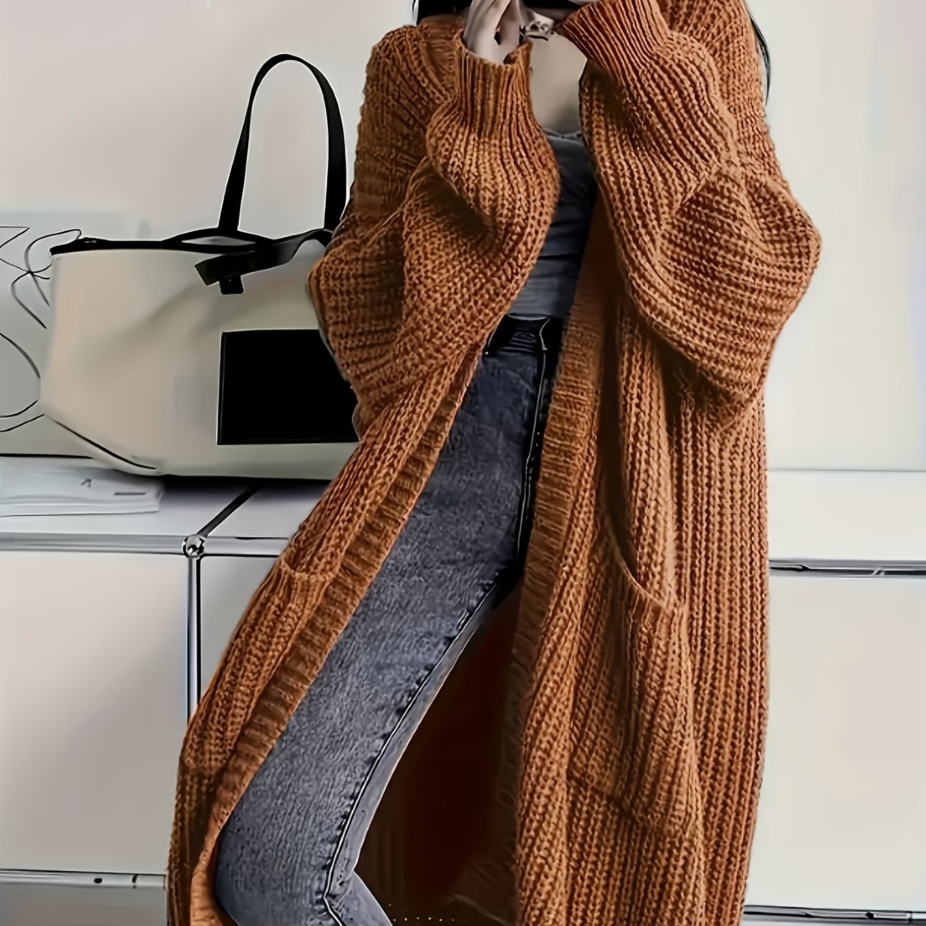 Elin™ | Långstickad V-ringad kofta med bälte